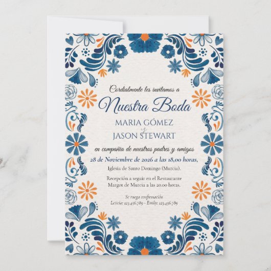 Blue Orange Floral Elegant Fiesta Spanish Wedding Kaart (Voorkant)