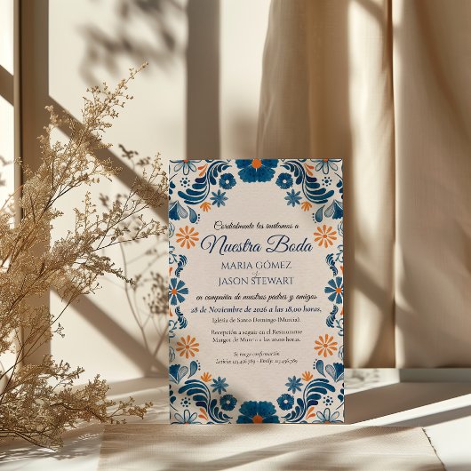 Blue Orange Floral Elegant Fiesta Spanish Wedding Kaart