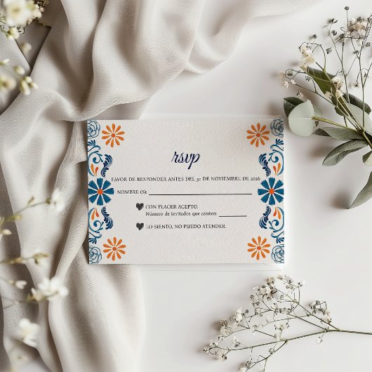 Blue Orange Floral Elegant Fiesta Spanish Wedding RSVP Kaartje