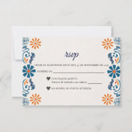 Blue Orange Floral Elegant Fiesta Spanish Wedding RSVP Kaartje