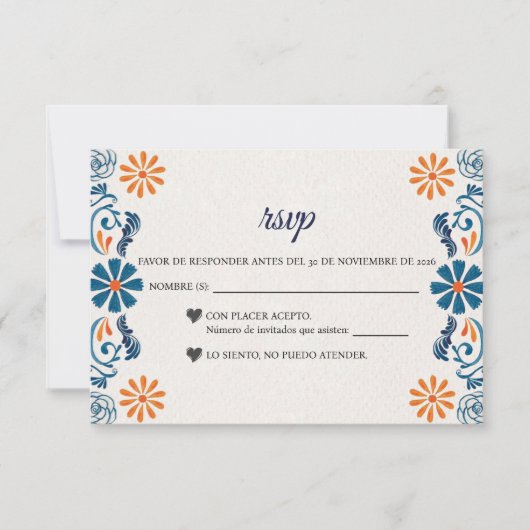 Blue Orange Floral Elegant Fiesta Spanish Wedding RSVP Kaartje (Voorkant)