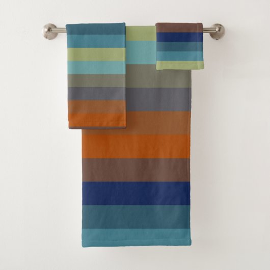 Blue, orange, green, and gray stripes bad handdoek (Insitu)
