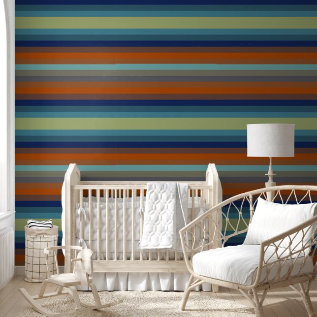 Blue, orange, green, and gray stripes behang (Kinderen)