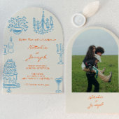 Blue Orange Hand Drawn Whimsical Arched Wedding Kaart