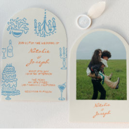 Blue Orange Hand Drawn Whimsical Arched Wedding Kaart