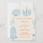 Blue Orange Hand Drawn Whimsical Arched Wedding Kaart (Voorkant)