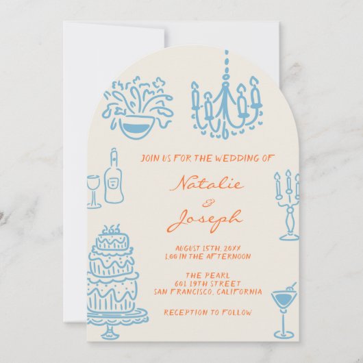 Blue Orange Hand Drawn Whimsical Arched Wedding Kaart (Voorkant)