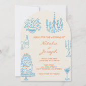 Blue Orange Hand Drawn Whimsical Arched Wedding Kaart (Voorkant)