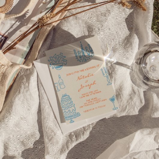 Blue Orange Hand Drawn Whimsical Fun Wedding Kaart