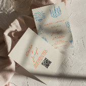 Blue Orange Hand Drawn Whimsical QR Code Wedding Kaart