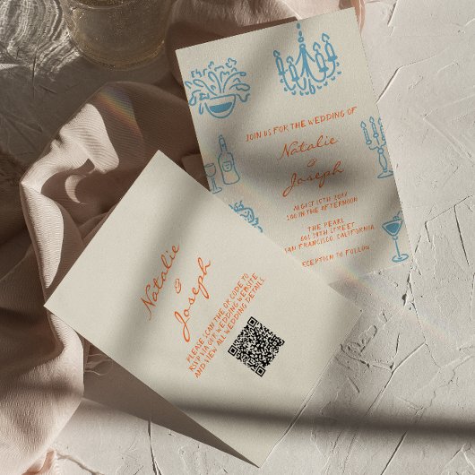 Blue Orange Hand Drawn Whimsical QR Code Wedding Kaart