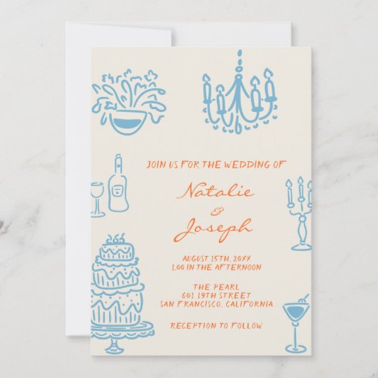 Blue Orange Hand Drawn Whimsical QR Code Wedding Kaart (Voorkant)