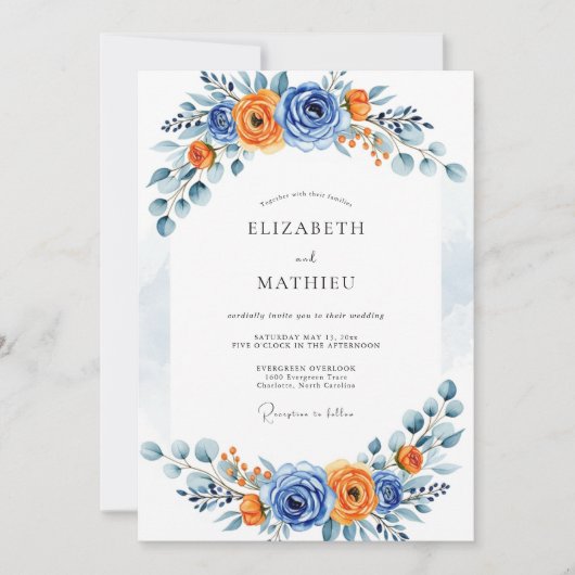 Blue Orange Romantic Bloom Wedding Kaart (Voorkant)