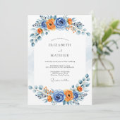 Blue Orange Romantic Bloom Wedding Kaart (Staand voorkant)