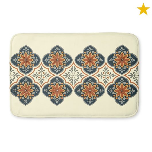 Blue Orange Spanish Tile Flower Pattern  Badmat