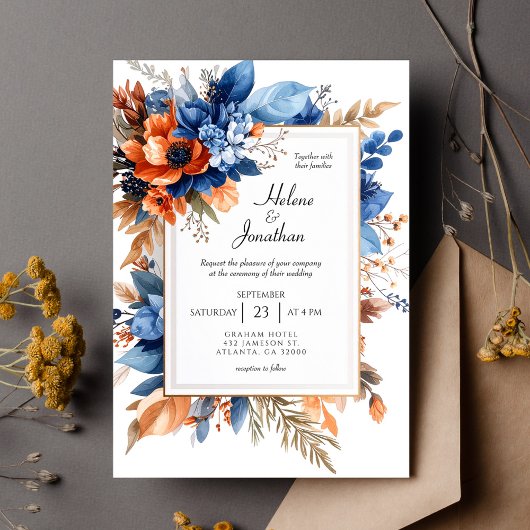 Blue Orange Terracotta Floral Boho Elegant Wedding Kaart