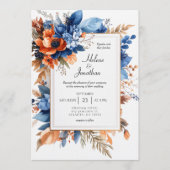 Blue Orange Terracotta Floral Boho Elegant Wedding Kaart (Voorkant)