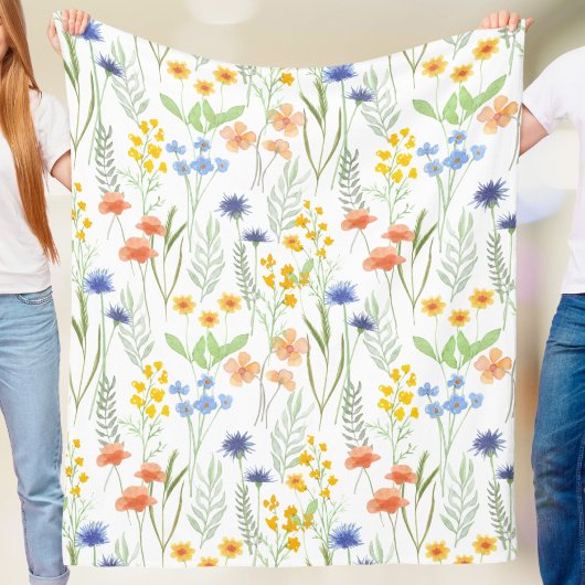 Blue Orange Yellow Watercolor Wildflower Fleece Deken
