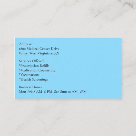 Blue Oranje Fles Apotheker Apotheek Pillen Visitekaartje (Achterkant)