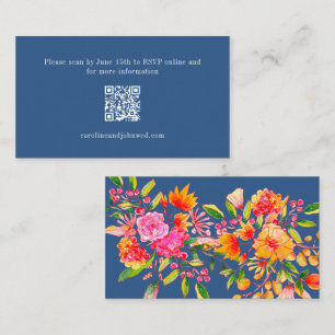 Blue Oranje Floral Wedding RSVP Online QR Code Informatiekaartje