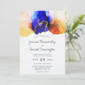 Blue Oranje Gold Wedding Kaart (Staand voorkant)