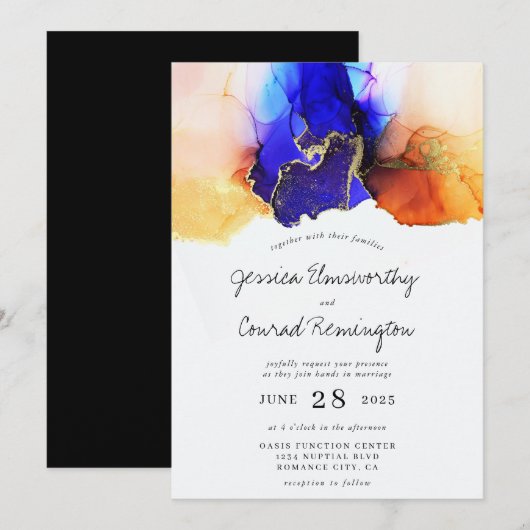 Blue Oranje Gold Wedding Kaart (Voorkant / Achterkant)