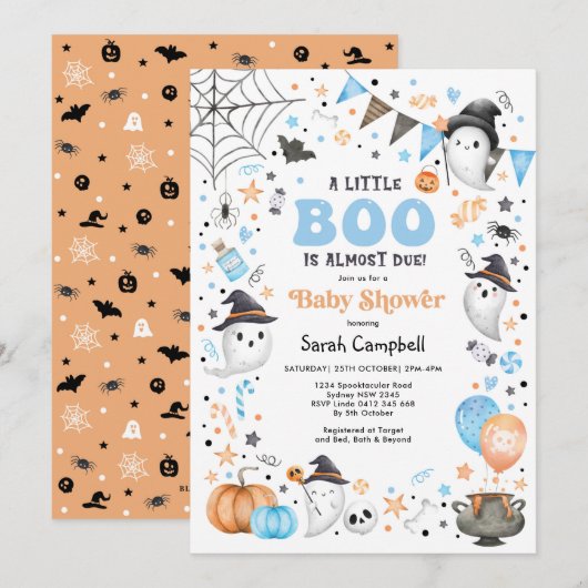 Blue Oranje Halloween Ghost Boy Baby shower Kaart (Voorkant / Achterkant)