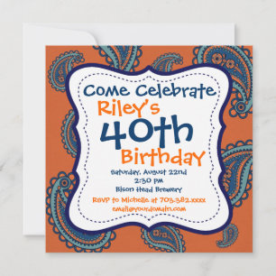 Blue Oranje Paisley 40th Birthday Party Invitation Kaart