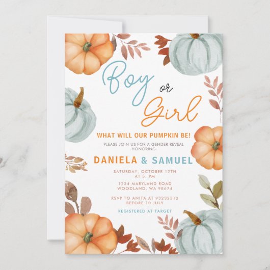 Blue Oranje Pumpkin Geslacht Reveal Kaart (Voorkant)