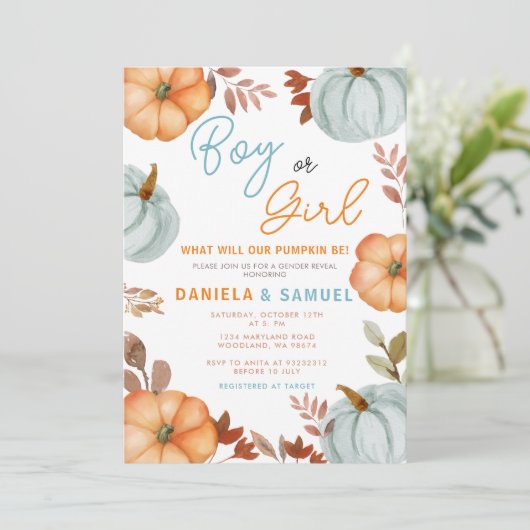 Blue Oranje Pumpkin Geslacht Reveal Kaart (Staand voorkant)