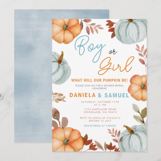 Blue Oranje Pumpkin Geslacht Reveal Kaart (Voorkant / Achterkant)