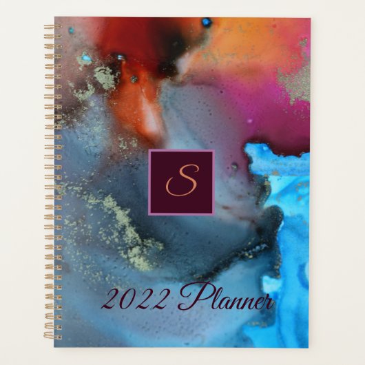 Blue Oranje Red Abstract Waves Monogram Planner (Voorkant)