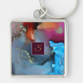 Blue Oranje Red Abstract Waves Monogram Sleutelhanger