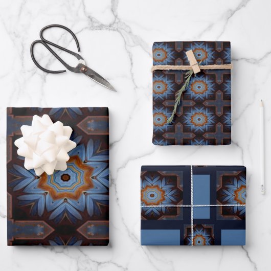 Blue Oranje Rustic Star Pattern No1 Inpakpapier Vel (Voorkant)