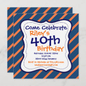 Blue Oranje Stripes 40th Birthday Party Invitation Kaart (Voorkant / Achterkant)