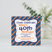 Blue Oranje Stripes 40th Birthday Party Invitation Kaart (Staand voorkant)