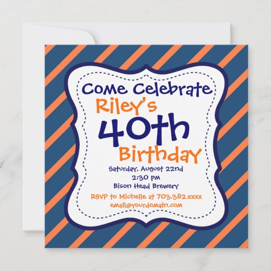 Blue Oranje Stripes 40th Birthday Party Invitation Kaart (Voorkant)