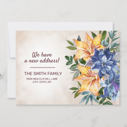 Blue Oranje Tiger Lily Floral Change of Address Aankondiging (Voorkant)
