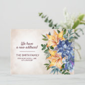 Blue Oranje Tiger Lily Floral Change of Address Aankondiging (Staand voorkant)