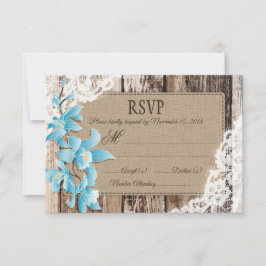 Blue Orchid Flowers Wood Lace Rustic RSVP Card