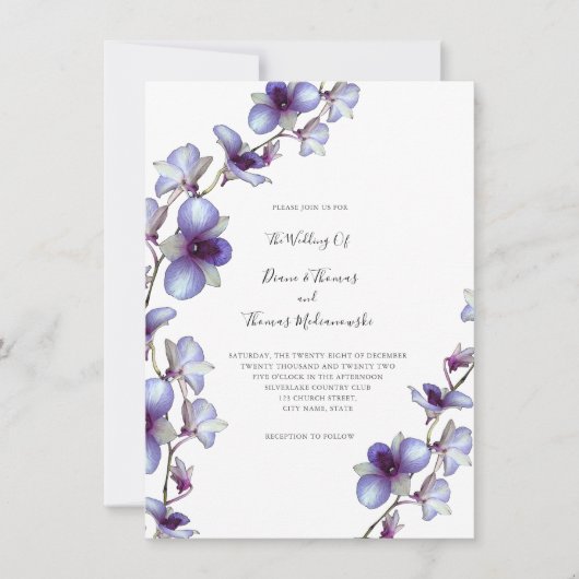 Blue Orchid Vine Wedding Invitation Kaart (Voorkant)
