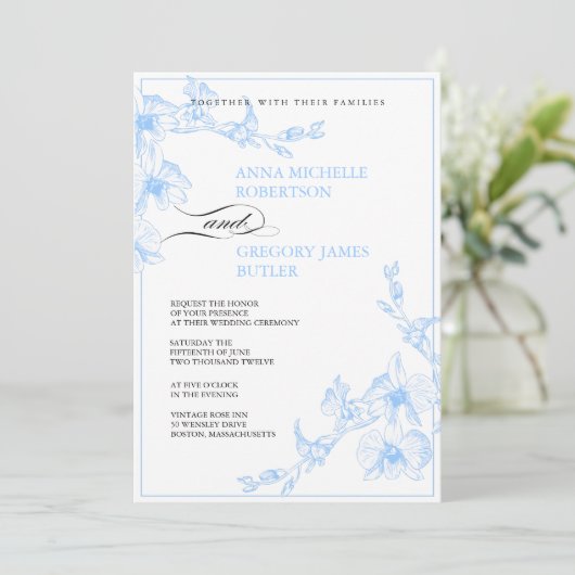 Blue Orchid Wedding Uitnodiging (Staand voorkant)