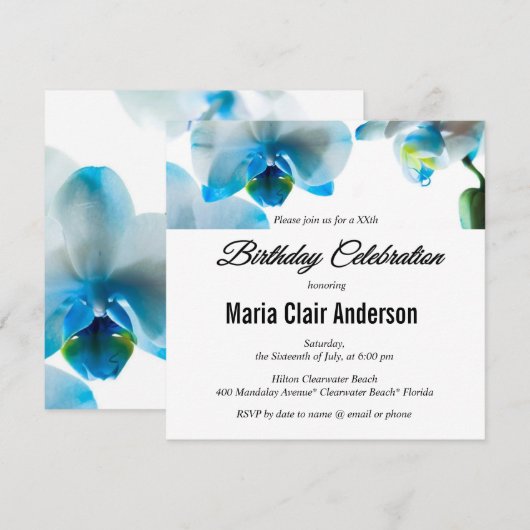 Blue Orchids Birthday Party/Your Occasion Invitae Kaart (Voorkant / Achterkant)