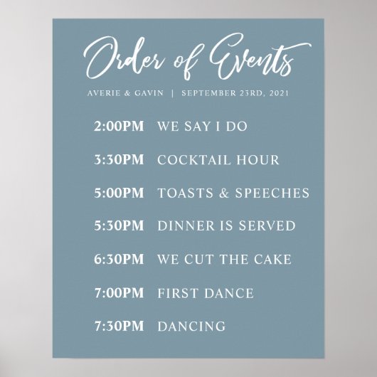 Blue Order of Events Wedding Day Schedule Poster (Voorkant)
