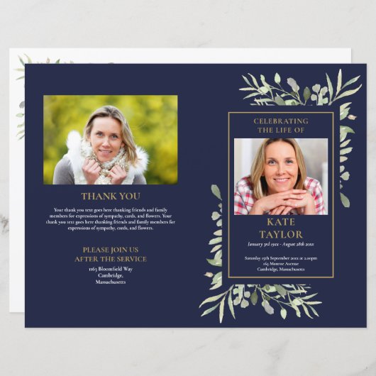 Blue Order of Service Foliage Funeral Programme (Voorkant / Achterkant)