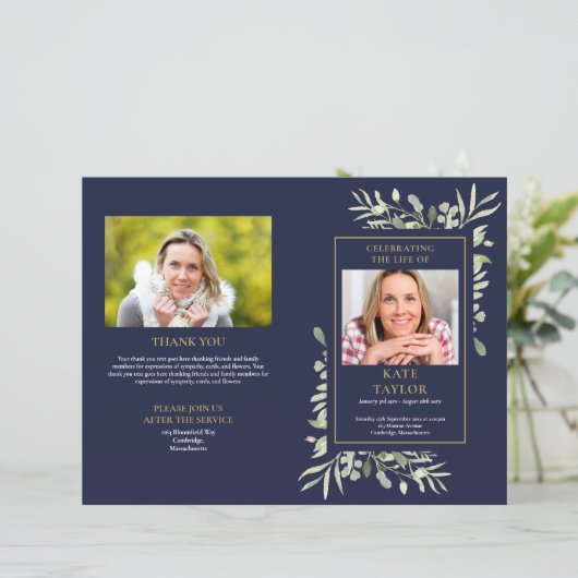 Blue Order of Service Foliage Funeral Programme (Staand voorkant)