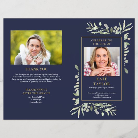 Blue Order of Service Foliage Funeral Programme (Voorkant)