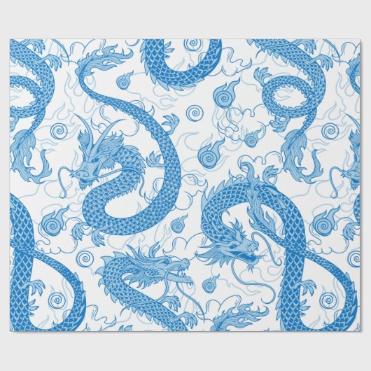 Blue Oriental Dragon Wrapping Paper Cadeaupapier (Vlak)