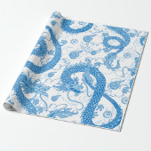 Blue Oriental Dragon Wrapping Paper Cadeaupapier (Uitgerold)