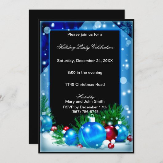 Blue Ornament Baubles Kerstfeest Kaart (Voorkant / Achterkant)